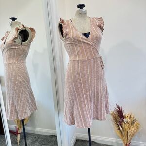 Striped Wrap Flutter-Sleeve Dress in brown. S
